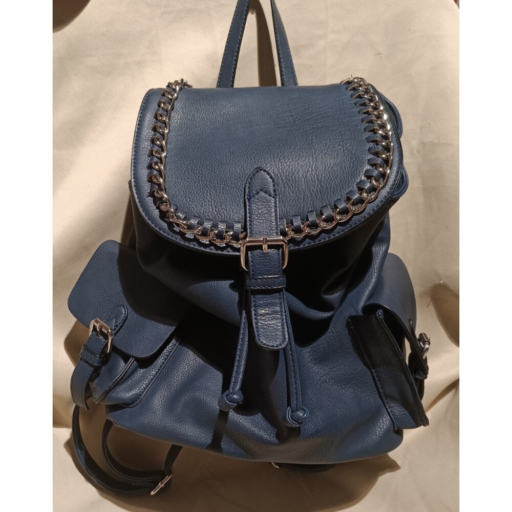 Black Rivet Leather Backpack Navy Blue w/ Chain Accent & Magnetic Closure